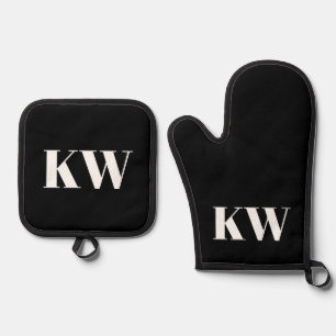 Modern Black White Monogram Initials Personalised Oven Mitt & Pot Holder Set