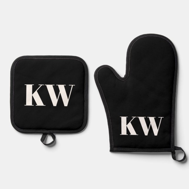 Modern Black White Monogram Initials Personalised Oven Mitt & Pot Holder Set (Front)