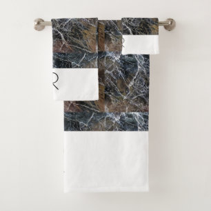 Modern Black & White Monogram Marble Pattern Bath Towel Set