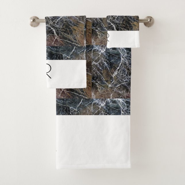 Modern Black & White Monogram Marble Pattern Bath Towel Set (Insitu)