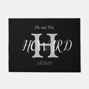 Modern Black White Monogram Name Newlyweds  Doorma Doormat