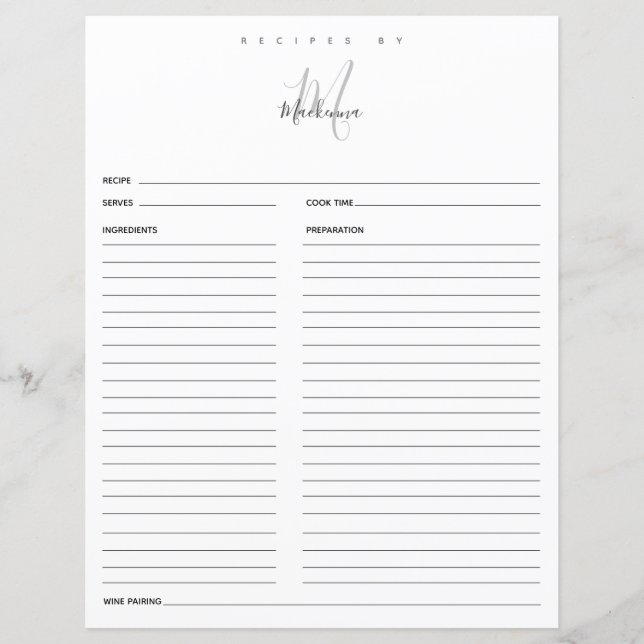 Modern Black White Monogram Name Recipes By Recipe (Front)