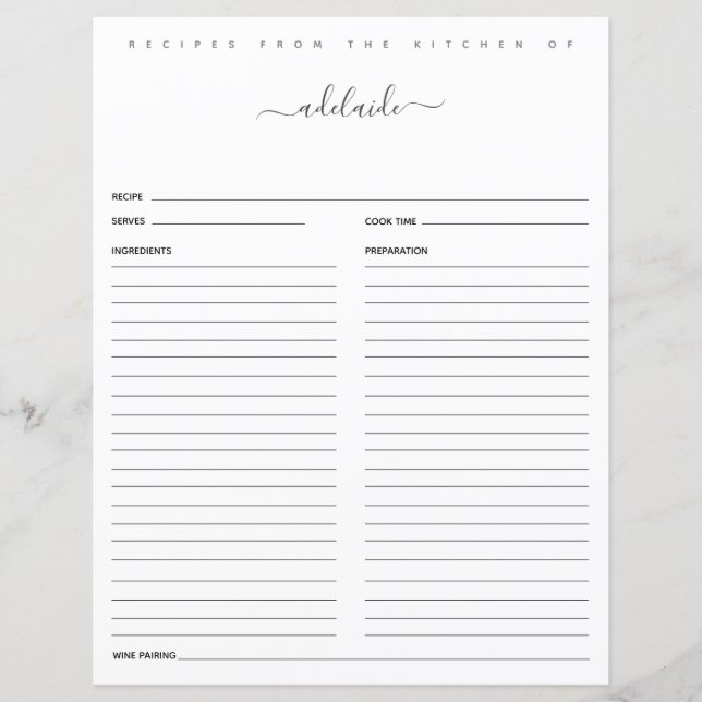 Modern Black White Monogram Name Recipes By Recipe (Front)