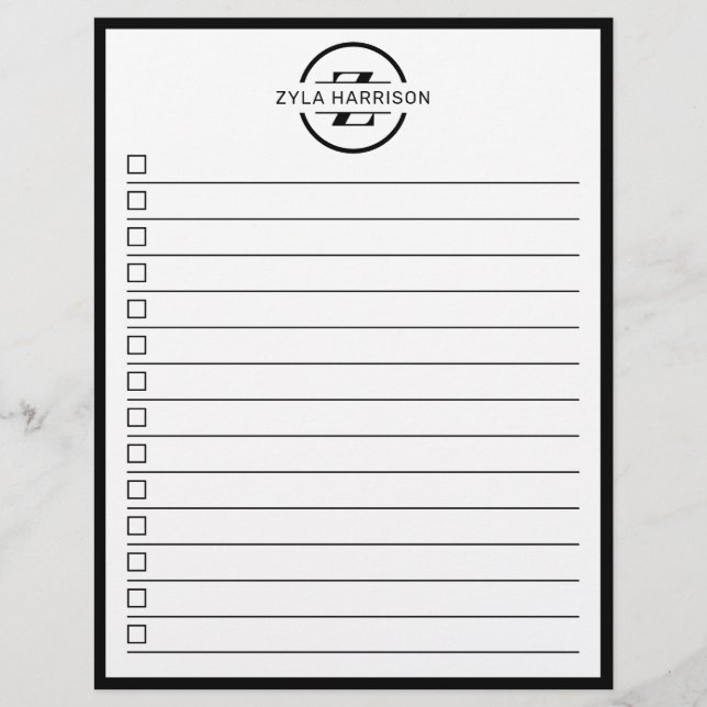 Modern Black White Monogram Name To Do List Flyer (Front)