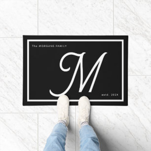 Modern Black White Monogram Script Family Name Doormat