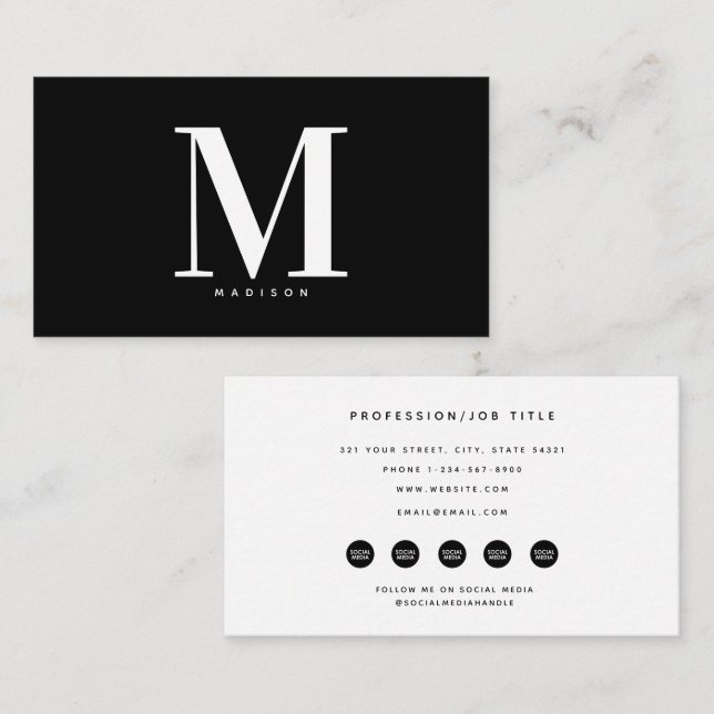 Modern Black White Monogram Social Media Icons Business Card (Front/Back)