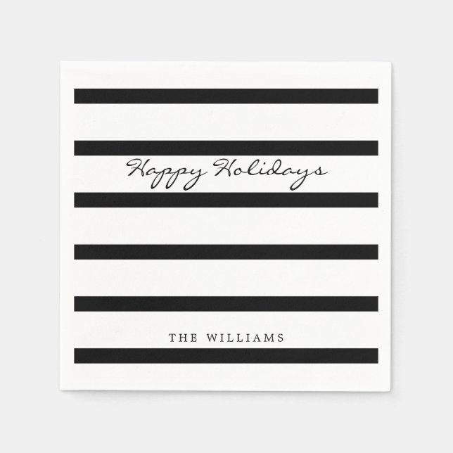 Modern Black & White Monogram Stripe Happy Holiday Napkin (Front)