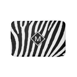 Modern Black White Monogram Stripes Name Initial Bath Mat