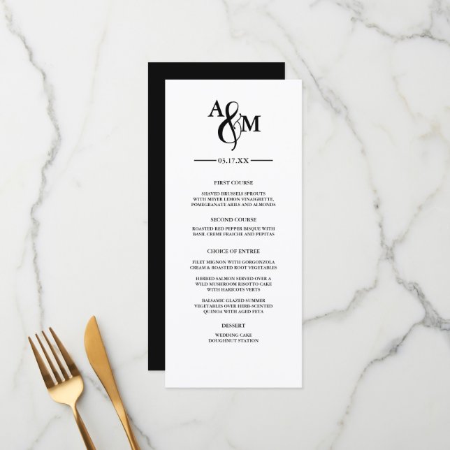 Modern Black & White Monogram Wedding Flat Menu (Front/Back In Situ)