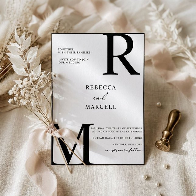 Modern Black White Monogram Wedding Invitation (Creator Uploaded)