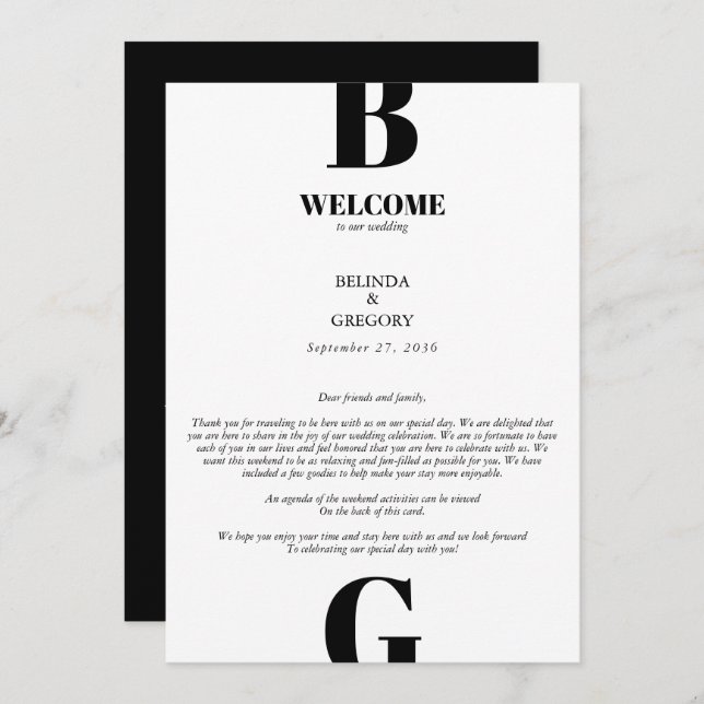 Modern Black & White Monogram Wedding Itinerary Programme (Front/Back)