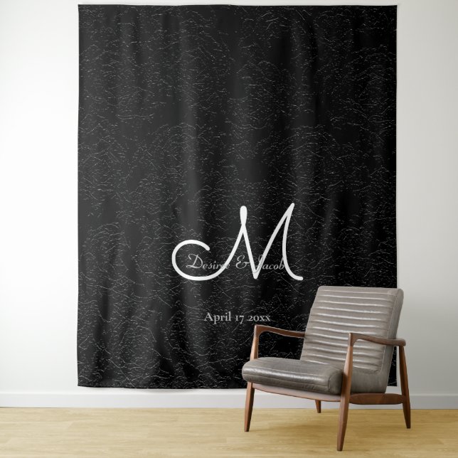 Modern Black White Monogram Wedding Photo Booth Tapestry (In Situ)