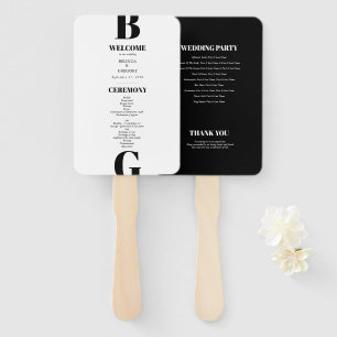 Modern Black & White Monogram Wedding Program Hand Fan