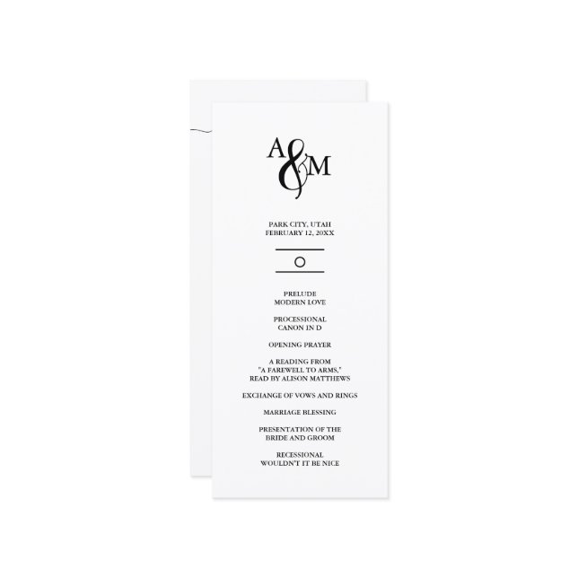 Modern Black & White Monogram Wedding Programme (Front/Back In Situ)