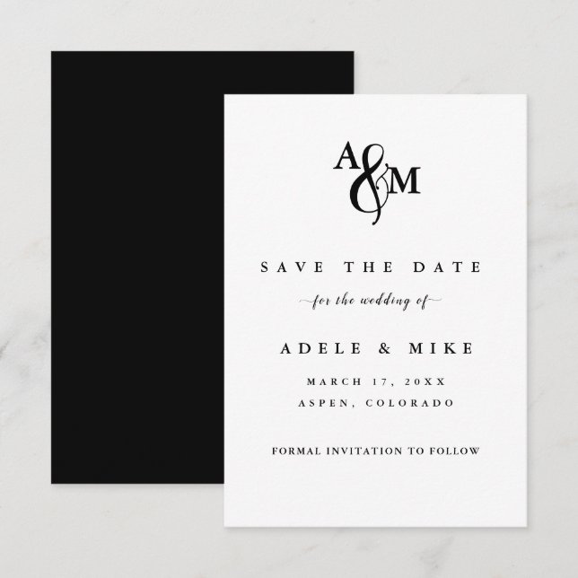 Modern Black & White Monogram Wedding Save The Date (Front/Back)