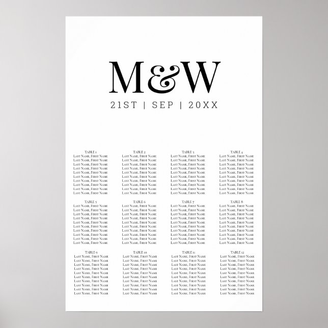 Modern Black White Monogram Wedding Seating Chart (Front)