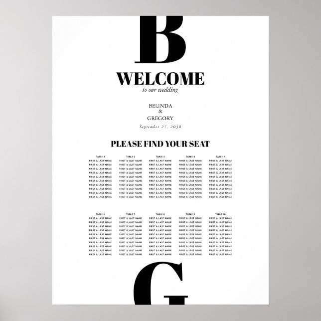 Modern Black White Monogram Wedding Seating Chart (Front)