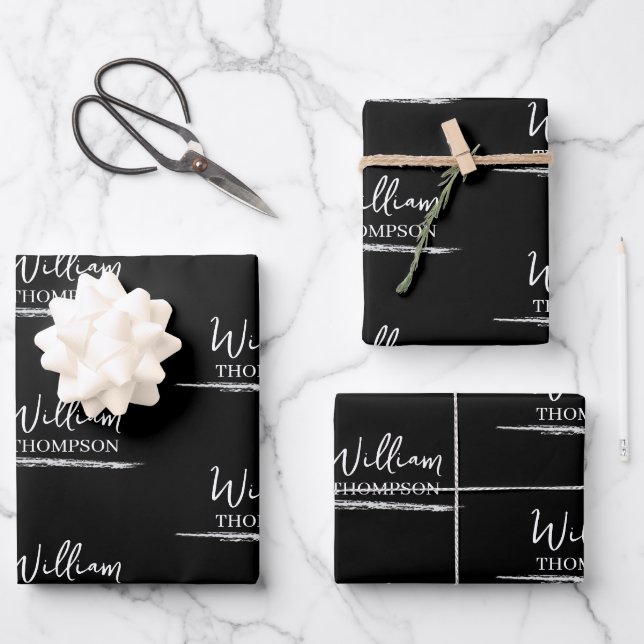 Modern Black & White Monogrammed Name Wrapping Paper Sheet (Front)
