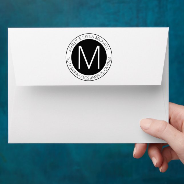 Modern Black & White Monogrammed Return Address Envelope (Hand)