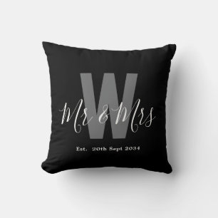 Modern Black White Mr Mrs Monogram Date Cushion