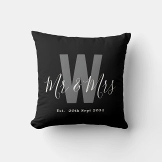 Modern Black White Mr Mrs Monogram Date Cushion