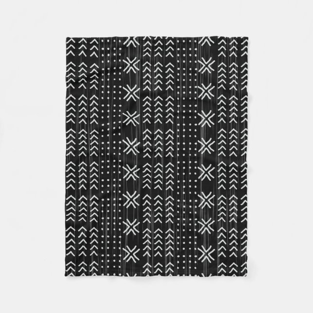 Modern Black White Mudcloth African Pattern Fleece Blanket (Front)