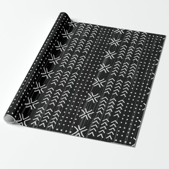 Modern Black White Mudcloth African Pattern Wrapping Paper (Unrolled)