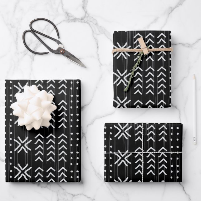 Modern Black White Mudcloth African Pattern Wrapping Paper Sheet (Front)