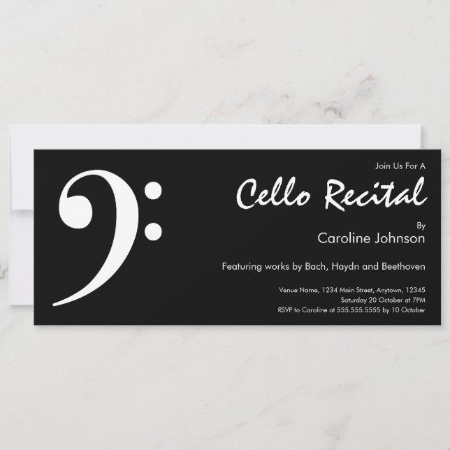 Modern Black White Music Cello Concert Recital Invitation (Front)