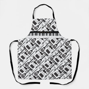 Modern Black & White Musical Instruments Pattern Apron