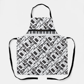 Modern Black & White Musical Instruments Pattern Apron