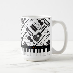 Modern Black & White Musical Instruments Pattern Coffee Mug