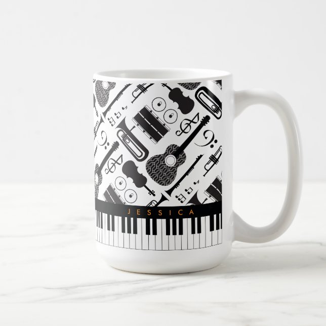 Modern Black & White Musical Instruments Pattern Coffee Mug (Right)