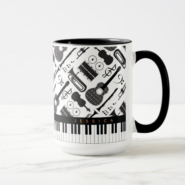 Modern Black & White Musical Instruments Pattern M Mug (Right)
