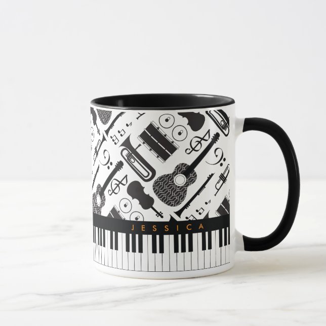 Modern Black & White Musical Instruments Pattern M Mug (Right)