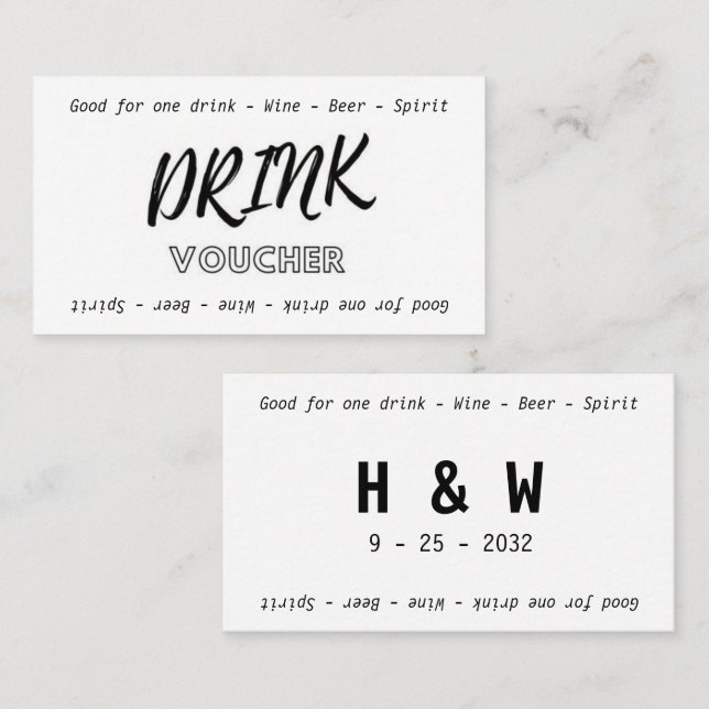 Modern Black White Name Date Wedding Drink Voucher Business Card (Front/Back)