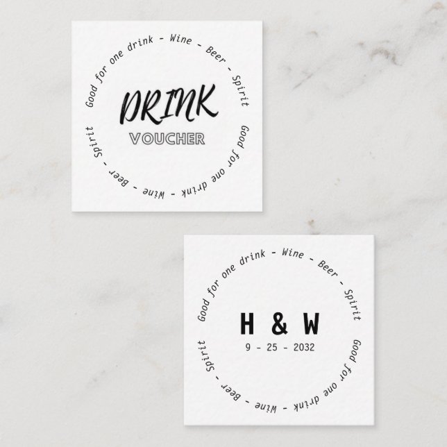 Modern Black White Name Date Wedding Drink Voucher Square Business Card (Front/Back)