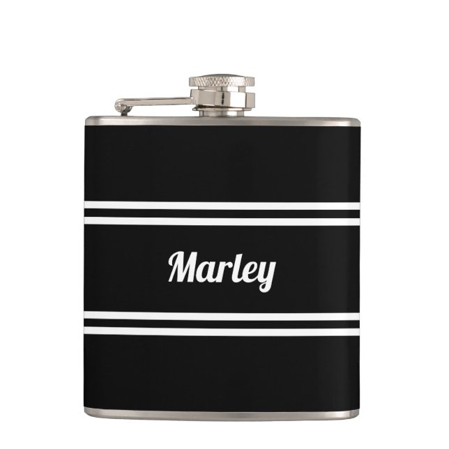 Modern Black & White Name  Hip Flask (Front)