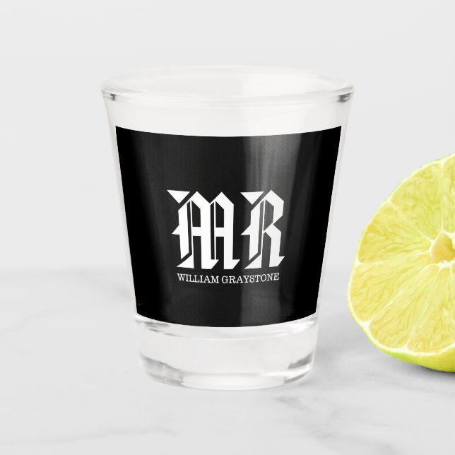 Modern Black & White Name Monogram Initials MR Shot Glass (Front)