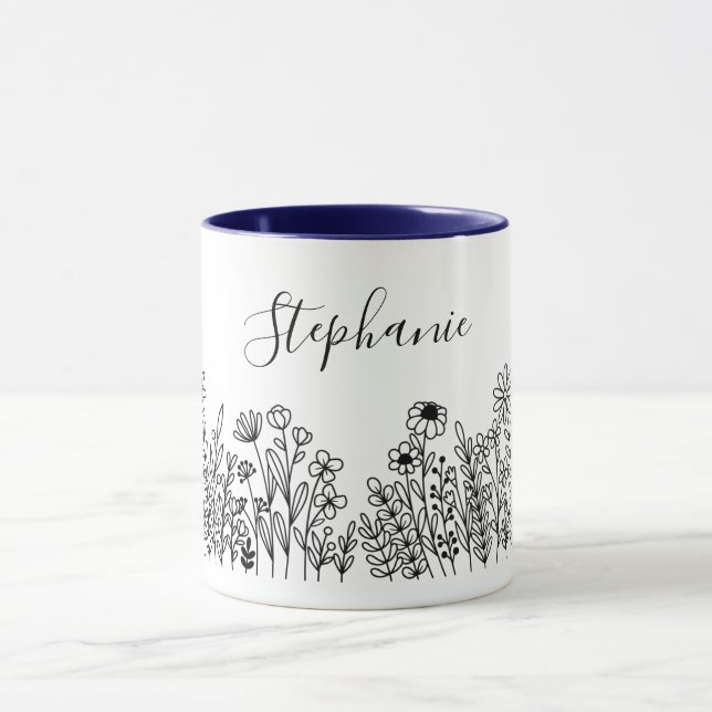 Modern Black & White Nature Plant Flower  Mug (Center)