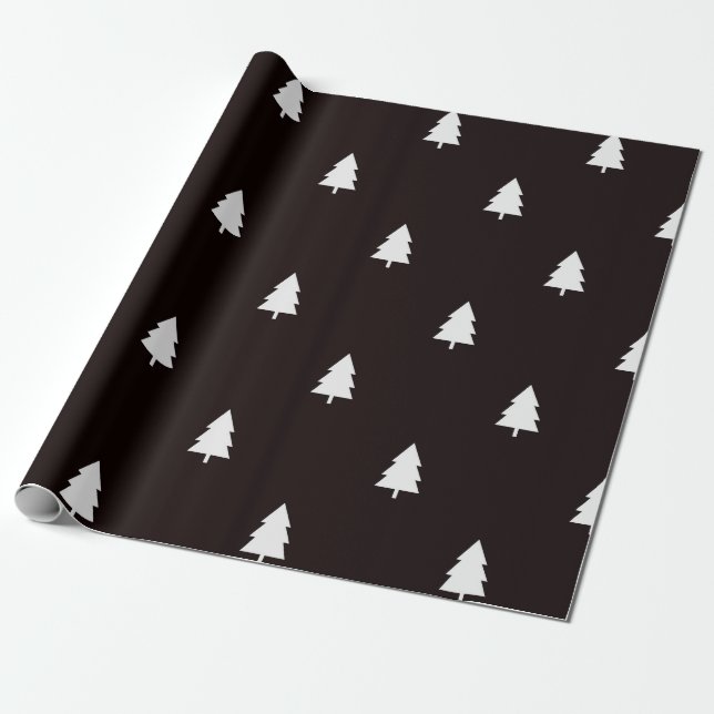 Modern Black White Nordic Christmas Tree Pattern Wrapping Paper (Unrolled)