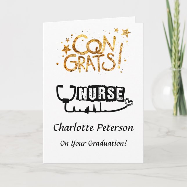 Modern Black & White Nurse Graduate Congratulation Card (Front)