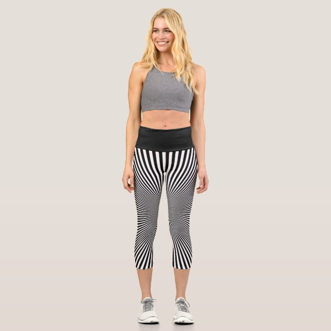 Modern Black White Optical Illusion Stripes Yoga Capri Leggings (Front)