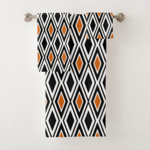 Modern Black White Orange Diamond Pattern Bath Towel Set