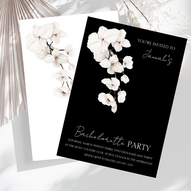 Modern Black White Orchids Bachelorette Party Invitation (Modern Black and White Orchids Flowers Bachelorette Party Wedding Invitation)