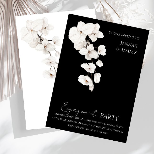 Modern Black White Orchids Engagement Party Invitation (Modern Black and White Orchids Flowers Engagement Party Wedding Invitation)