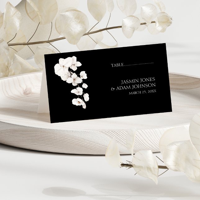 Modern Black White Orchids Floral Wedding Place Card (Modern Black and White Orchids Flowers Wedding Place Cards )