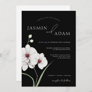 Modern Black White Orchids Initials Floral Wedding Invitation