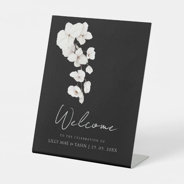 Modern Black White Orchids Wedding Table Sign (Front)