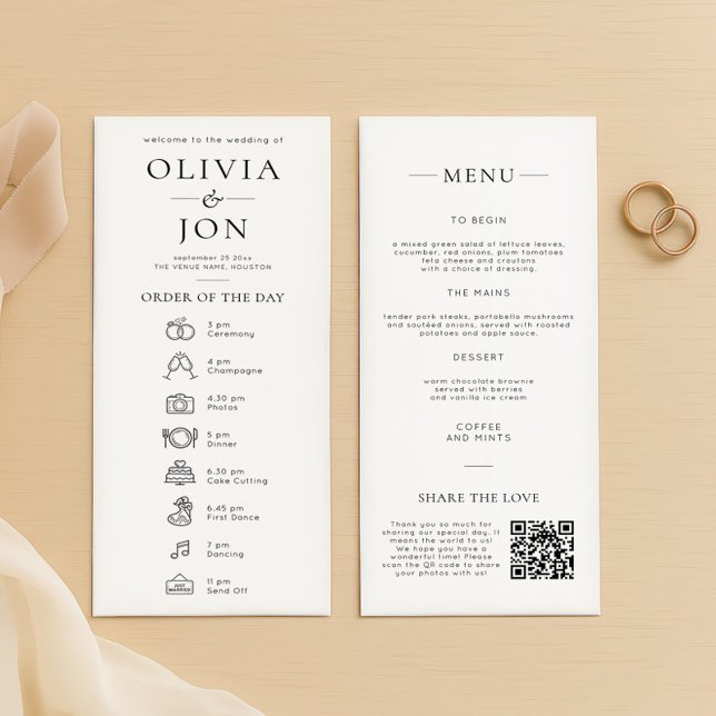 Modern Black White Order of Day and Menu Wedding  (Front and back view)